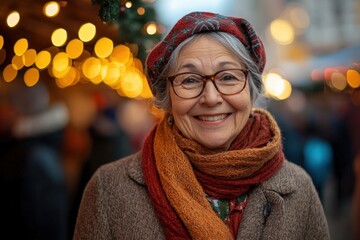 A joyful senior woman smiling warmly at a Christmas market, surrounded by blurred festive lights, capturing the magic and warmth of the holiday season.  .