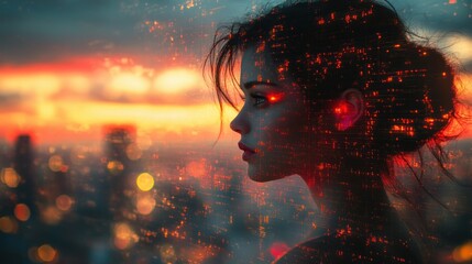 Woman Silhouette Against Sunset Cityscape with Digital Overlay Representing Urban Life and Technology