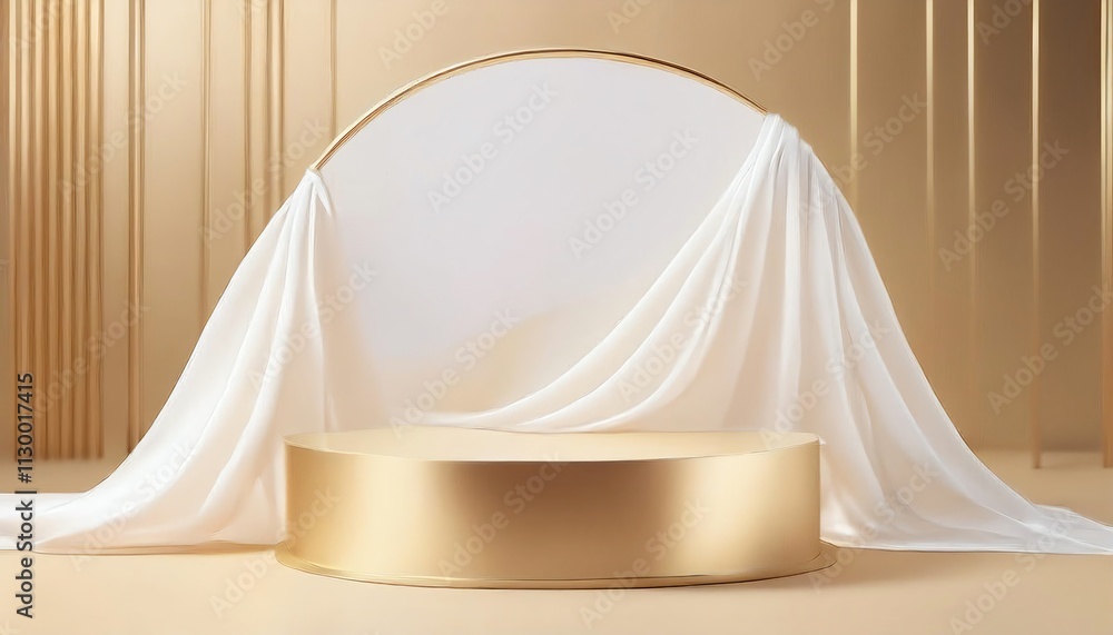 Poster a stylish golden backdrop with a round frame and flowing white fabric, creating an elegant display f