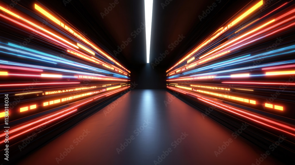 Poster a futuristic corridor with dynamic, colorful light streaks creating a sense of speed and depth in a 