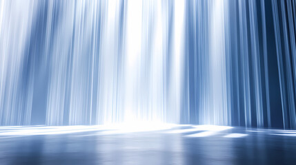 Fototapeta premium Stage with a cascade of light beams, vertical and diagonal, white and blue tones, sharp contrasts. cascade. illustration. Cascade. Illustration
