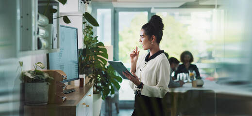 Office, smile and woman with tablet, ideas and happy for media release, brand specialist and...