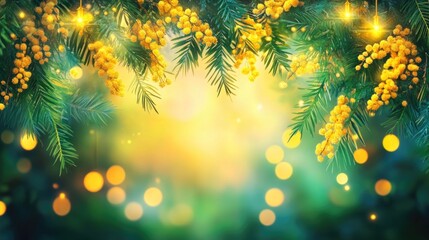 Festive yellow mimosa and evergreen branches with warm glowing lights. Happy International Women's Day. 8 March.