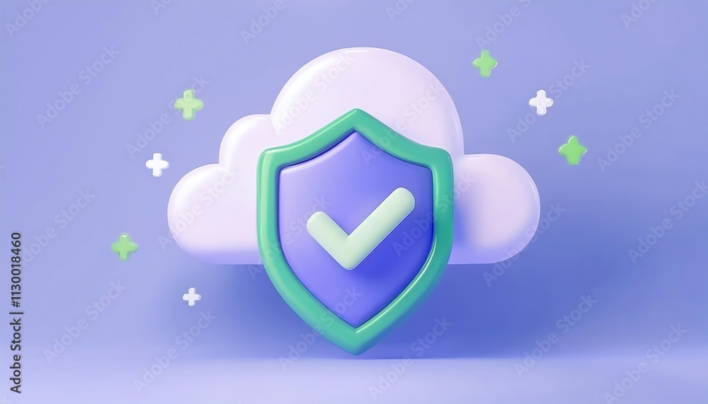 Poster a stylized shield with a checkmark is placed in front of a cloud, symbolizing security and protectio
