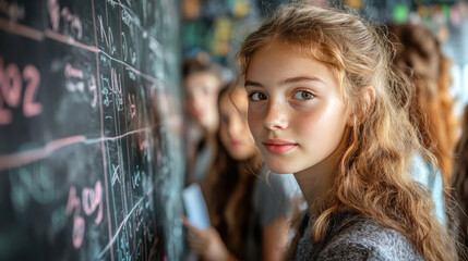 A teacher encouraging a student to solve a math equation on the board with classmates watching attentively