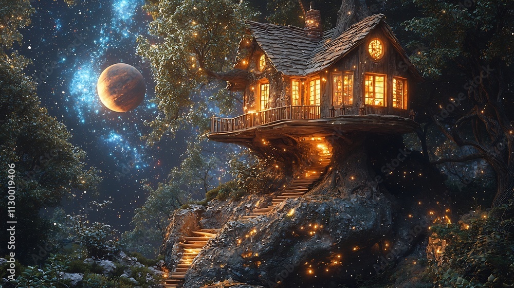 Poster cosmic treehouse built into an asteroid with swirling galaxies and planets in the windows