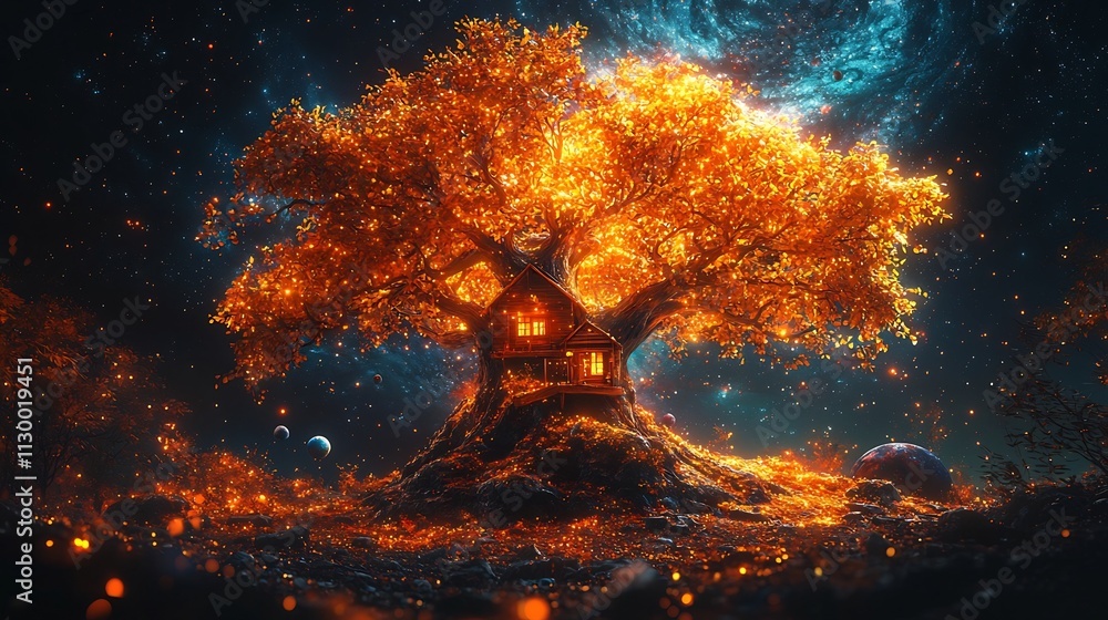 Wall mural cosmic treehouse nestled in an asteroid vibrant galaxy and planetary backdrop