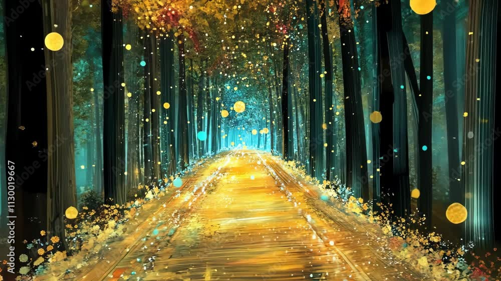 Poster enchanted pathway illuminated by soft lights in a serene forest setting during twilight hours