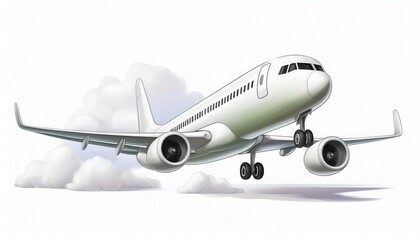 Obraz premium A sleek, white airplane takes off amid fluffy clouds, symbolizing flight and travel.