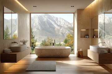 Fototapeta premium Modern Minimalistic Hotel Bathroom Interior with Double Stone Sink and Panoramic Mountain View