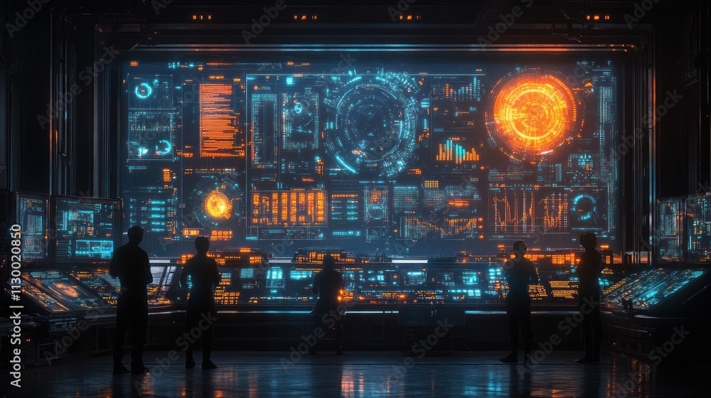 Poster futuristic control room with holographic data interface for business insights and technological inno