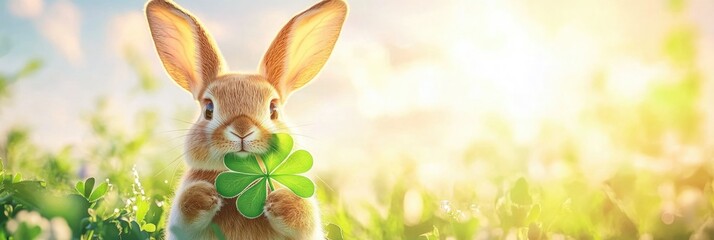 Adorable rabbit holding a clover in sunlit meadow. Happy St. Patrick's day.