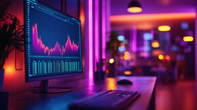 Capital market analysts discussing stock portfolios in an open-plan office with vibrant lighting - Powered by Adobe
