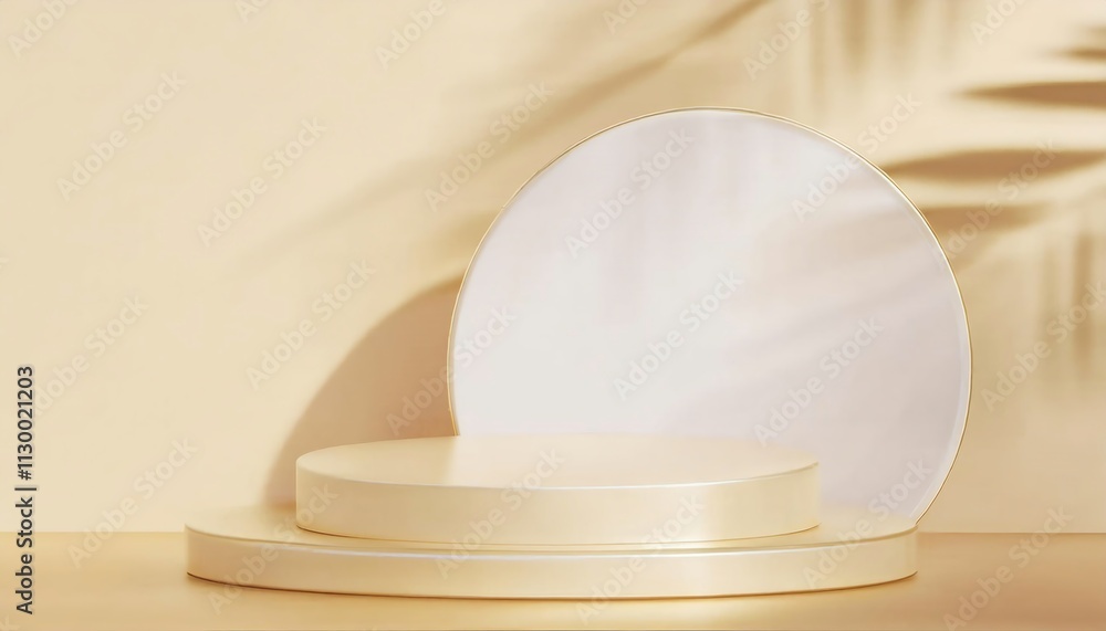 Poster a minimalistic arrangement of circular mirrors on a soft yellow background, complemented by subtle s