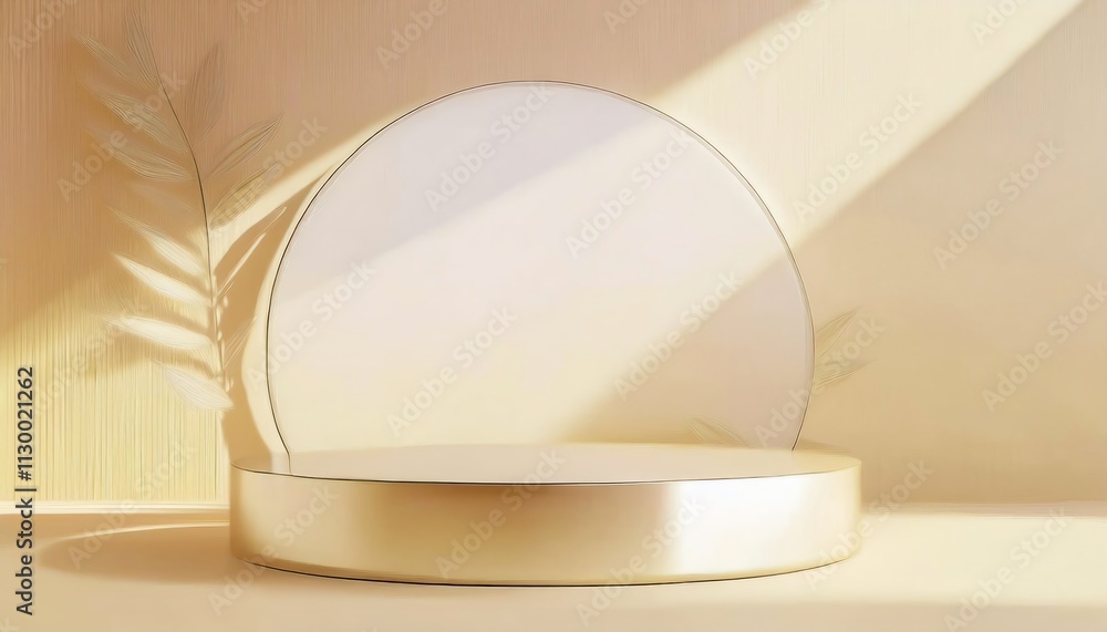 Poster a minimalist display stand with a circular mirror, bathed in soft sunlight, creating a serene and el