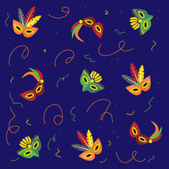 Obraz premium Carnival pattern with masks and feathers, dark blue background, flat design, Mardi Gras celebration, festive mood, colourful elements, playful arrangement of carnival symbols.