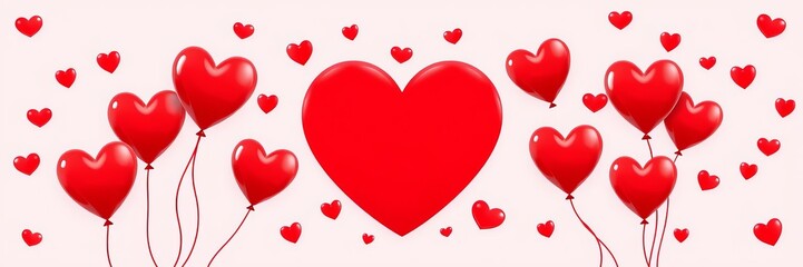 Red heart frame filled with bright helium balloons and heart-shaped air balloon, perfect for a romantic Valentine's Day card template, card, heart