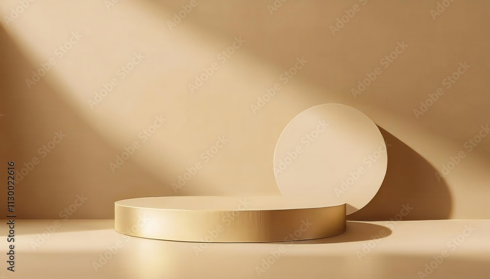 Poster a minimalistic setup featuring a gold circular base and a beige sphere, bathed in soft light, creati