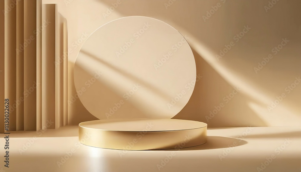 Poster a minimalist composition featuring a circular platform and textured vertical elements, illuminated b
