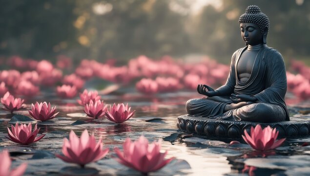 Buddha Statue in a Lotus Pond