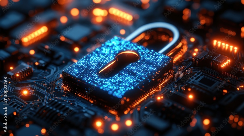 Poster futuristic digital lock visualization for cybersecurity data protection and privacy importance