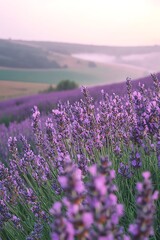 Obraz premium Serene Lavender Field at Sunrise A Stunning Display of Purple Blossoms Against a Misty Landscape.