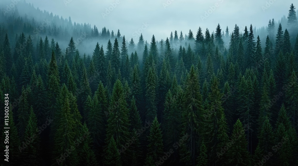 Poster a serene view of a misty forest filled with tall evergreen trees and soft fog.