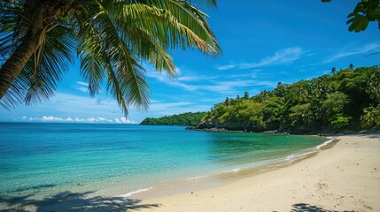 Fototapeta premium A tropical beach with palm trees, a clear blue ocean, and a sandy shore, perfect for a summer vacation theme