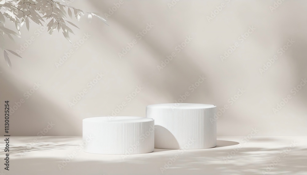 Poster minimalist white round tables cast gentle shadows in a serene, neutral space, emphasizing simplicity