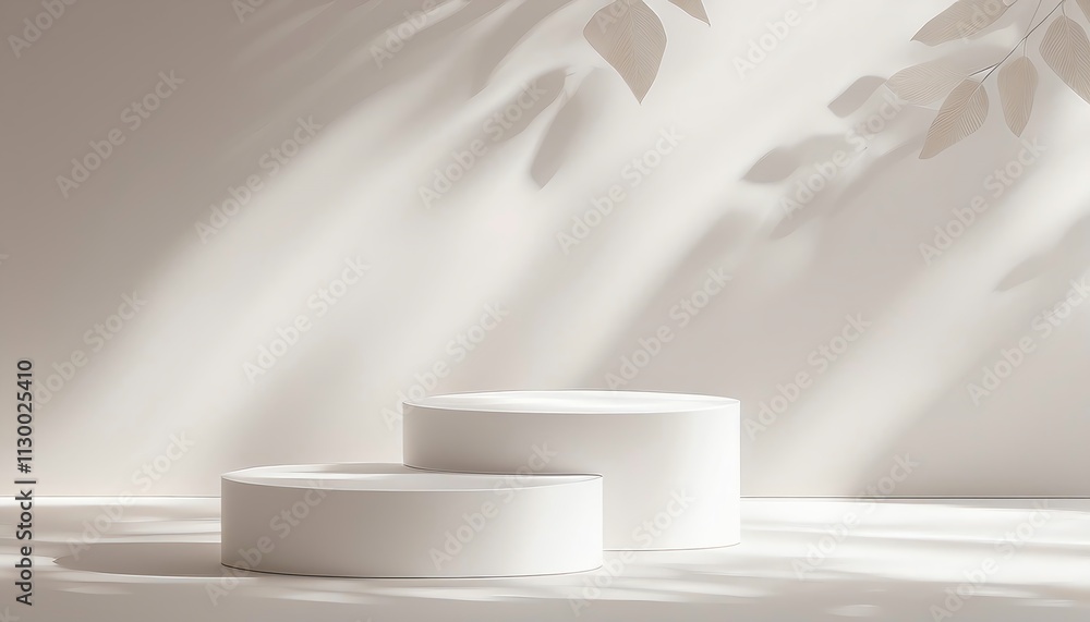 Poster minimalistic scene with two white circular objects on a light surface, casting soft shadows from nea