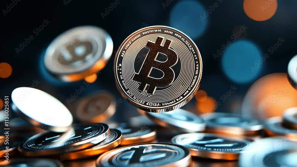 Poster floating bitcoin coins with a dark background and glowing bokeh effects.