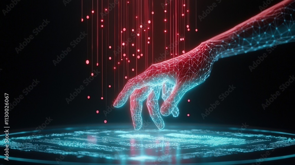 Poster a holographic ai hand analyzing a digital document with floating data points.