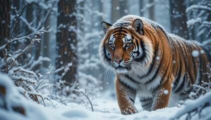 Fototapeta premium Photo A large Siberian tiger is in the winter forest, snowfall can be seen falling on its thick fur