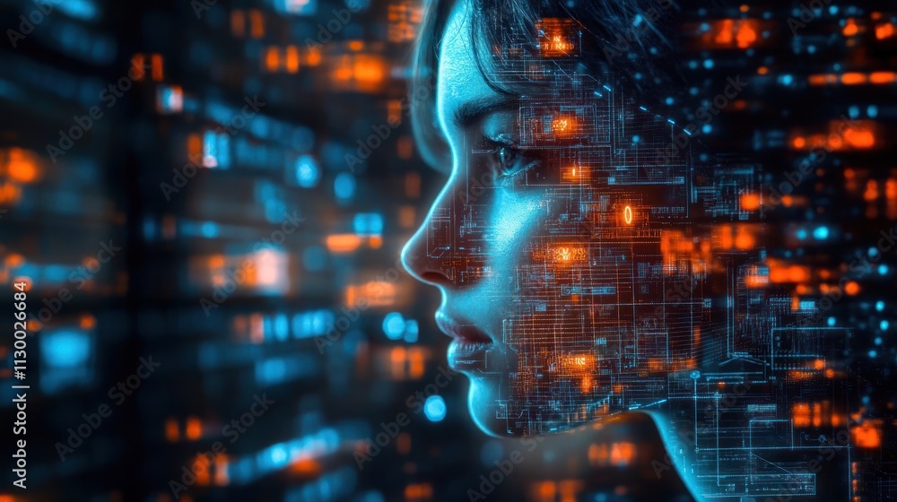 Poster futuristic portrait of a woman with digital interface and cyberpunk style enhancing business efficie