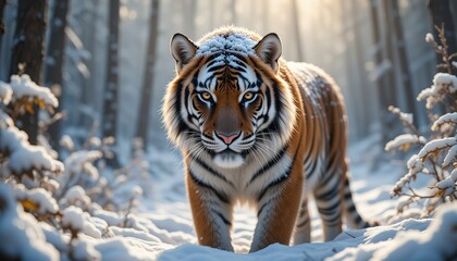 Obraz premium Photo A large Siberian tiger is in the winter forest, snowfall can be seen falling on its thick fur