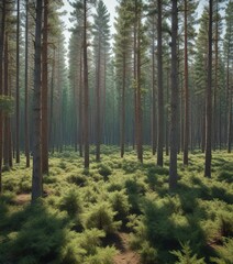 Fototapeta premium Panoramic view of a dense forest of towering pine trees in early spring, wide angle, scenery, nature