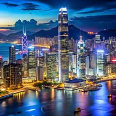 Naklejka premium A vibrant nighttime view of Hong Kong, with illuminated skyscrapers,