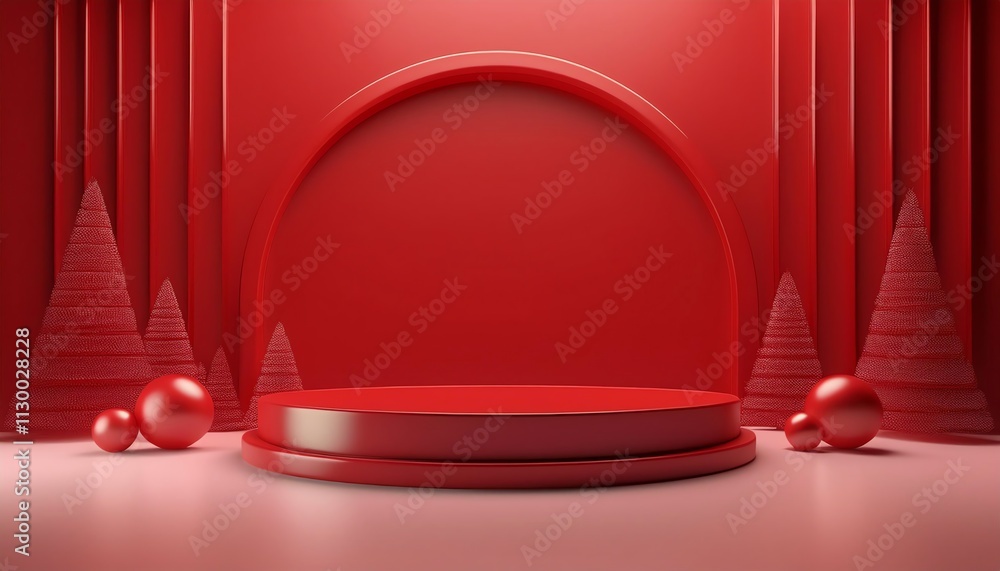 Poster a vibrant red backdrop with a circular stage and decorative elements, creating a festive and invitin