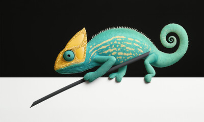 Naklejka premium Colorful chameleon resting on a black and white surface with a pencil in its grip