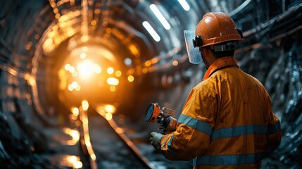 Ensuring Workplace Safety: Safety Officer Demonstrating Gas Detection Tools in Industrial Tunnel