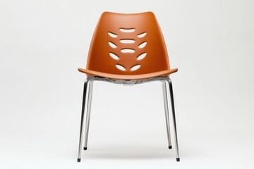 A stackable chair with a perforated plastic backrest and metal legs, ideal for modern and minimalist spaces, isolated on a white background.