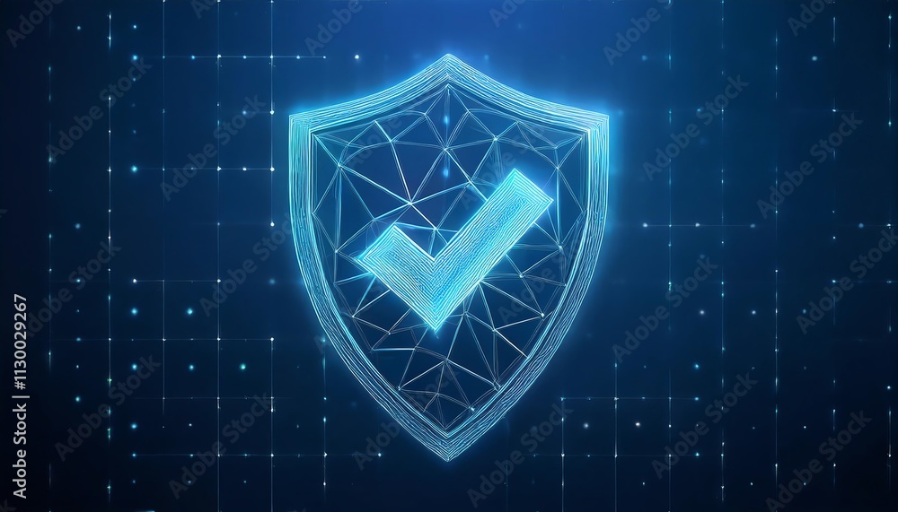 Poster a glowing digital shield with a checkmark, symbolizing security and verification in a technology-foc