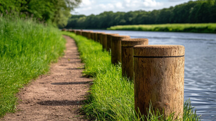 Naklejka premium Recycle sustainability conservation renewal concept. A scenic riverside path lined with wooden posts, surrounded by lush greenery and calm waters under a bright sky.