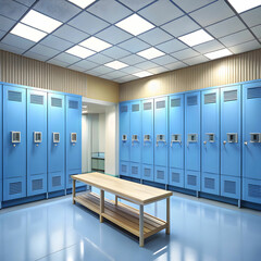 A hospital locker room featuring organized rows of lockers,