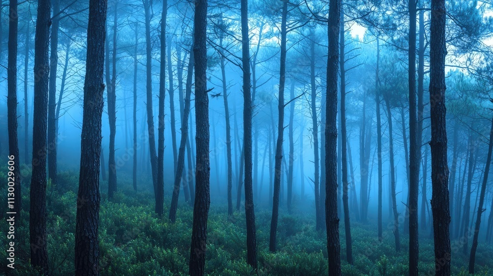 Aufkleber a serene, foggy forest with tall trees creating a mysterious atmosphere.