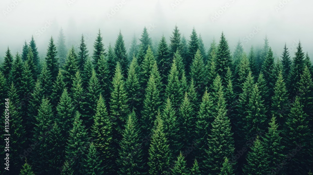 Poster a lush green forest with dense pine trees surrounded by soft fog and enchanting tranquility.