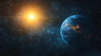 Obraz premium Background of space with blue Earth and sun star