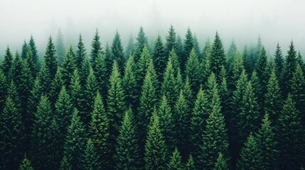 Fototapeta premium A lush green forest with dense pine trees surrounded by soft fog and enchanting tranquility.