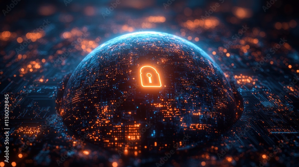 Poster digital globe with lock symbol over circuit board concept of global cybersecurity and protection