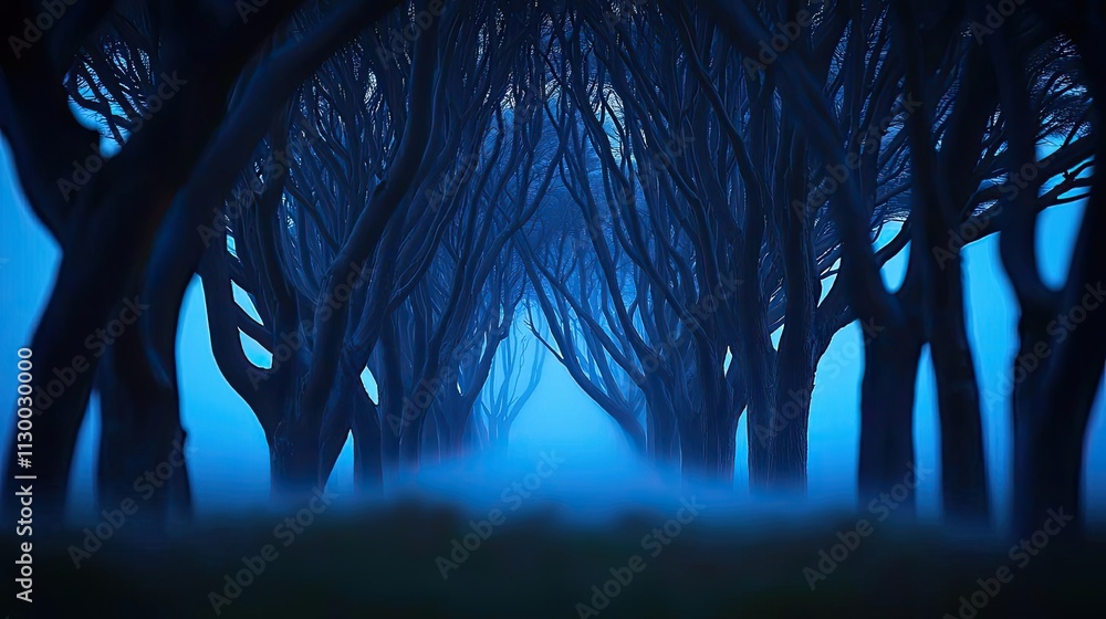 Aufkleber mysterious foggy path through dark trees creating an eerie atmosphere at twilight.